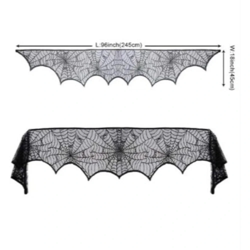 Halloween Decor Set Black Lace Spiderweb Mantle Cover/Scarf, Skulls & Pumpkins